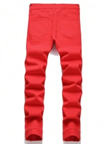 Manfinity Homme Men Streetwear Solid Slant Pocket Skinny Red Jeans - Red - View 2
