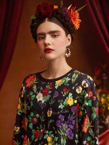 Frida Kahlo X SHEIN Floral Print Drop Shoulder Pullover & Leggings - Black - View 6