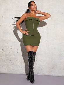SHEIN SXY Zip Up Asymmetrical Hem Tube Top & Bodycon Skirt new years eve outfit
party outfit 
sexy outfit - Army Green - View 4