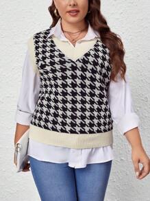 SHEIN LUNE 大碼千鳥格圖案毛衣背心不帶襯衫 - 黑與白 - 查看 1