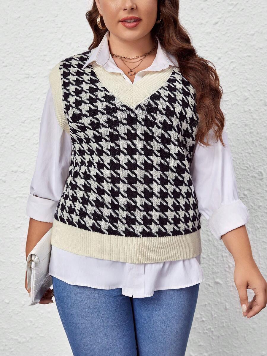 SHEIN LUNE 大碼千鳥格圖案毛衣背心不帶襯衫 - 黑與白 - 查看 1