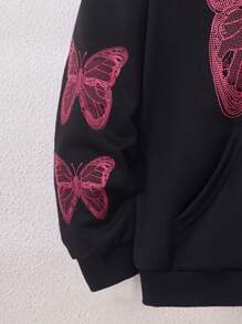 SHEIN Tween Girl 1pc Butterfly Print Zip Up Hooded Sweatshirt - Black - View 3