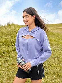 Easithlete Cut Out Front Drop Shoulder Drawstring Hooded Sports Sweatshirt - Purple - View 3