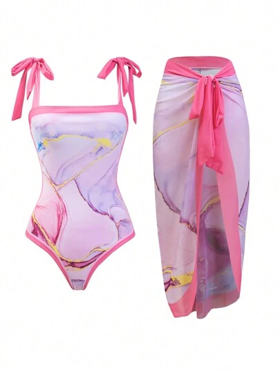 Swim Oasis Summer Beach Marble Print One Piece Swimsuit With Beach Skirt Beachwear Women