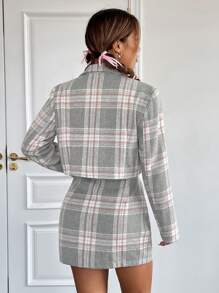 Muchica Plaid Print Lapel Neck Blazer & Skirt - Multicolor - View 2