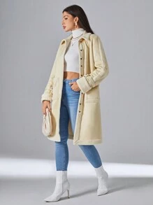 SHEIN Essnce Túi Kép Nút phía trước áo - Màu be - Xem 3