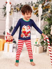男孩聖誕印花t恤和條紋褲緊身睡衣套裝 - 寶藍色 - 查看 3