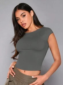 SHEIN BAE Chất rắn Tay áo mũ Áo phông Crop - Màu xám đen - Xem 1