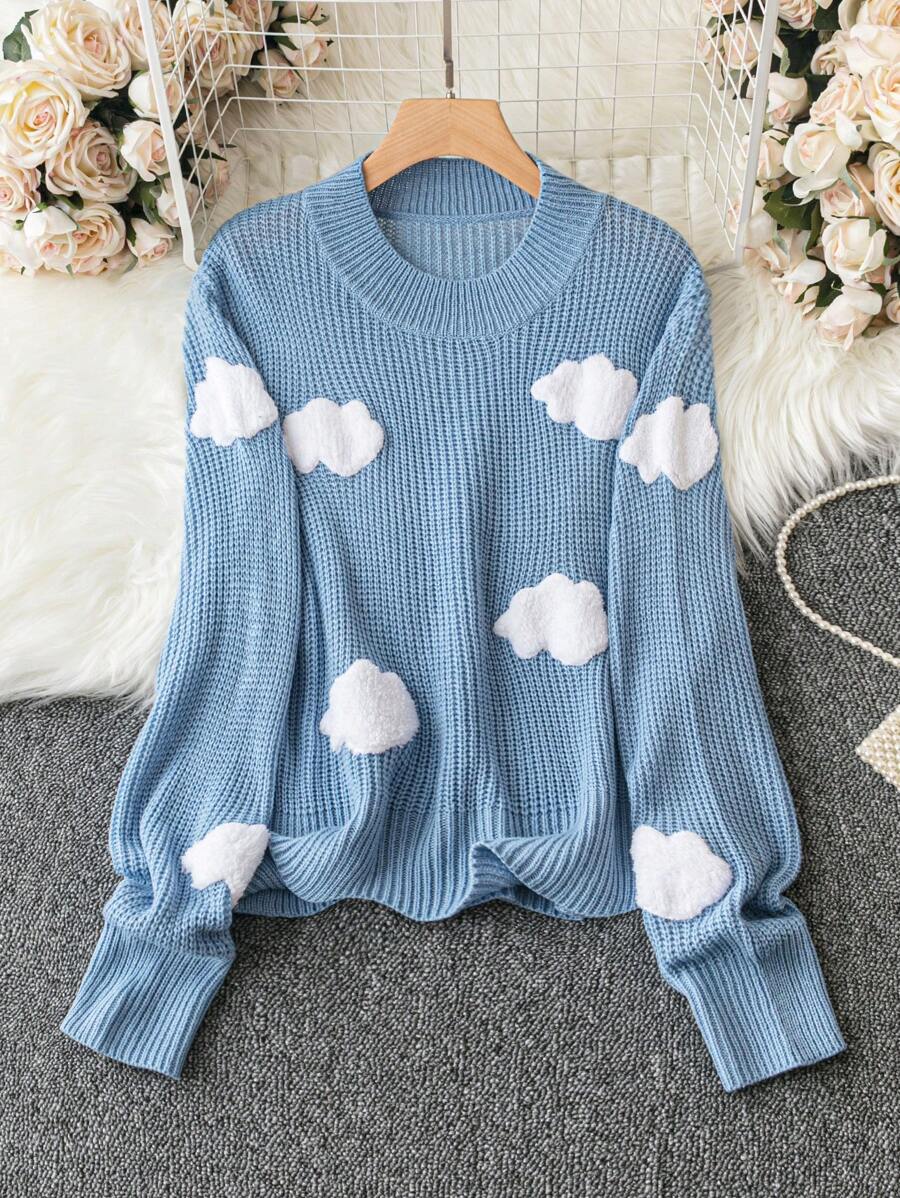 Calvaya Plus Cloud Pattern Ribbed Knit Sweater - Blue - View 1