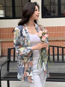 DAZY Floral Print Drop Shoulder Open Front Blouse - Dusty Blue - View 3