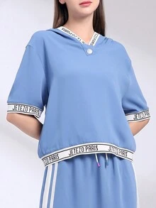 字母圖案拼接邊連帽衛衣 - 藍色 - 查看 7