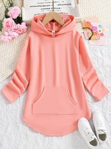 SHEIN Sparklyn Tween Girl Kangaroo Pocket Curved Hem Sweatshirt - Pink - View 1