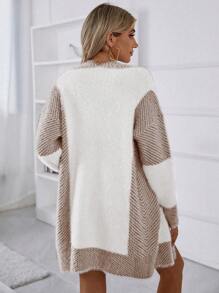 SHEIN LUNE Two Tone Drop Shoulder Cardigan,Long Sleeve Tops Fall Winter Cloth For Women - Coffee Brown - View 2