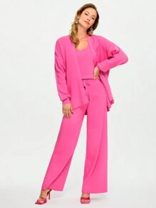 RueChic Solid Cami Knit Top & Drawstring Waist Knit Pants & Cardigan - Pink - View 1