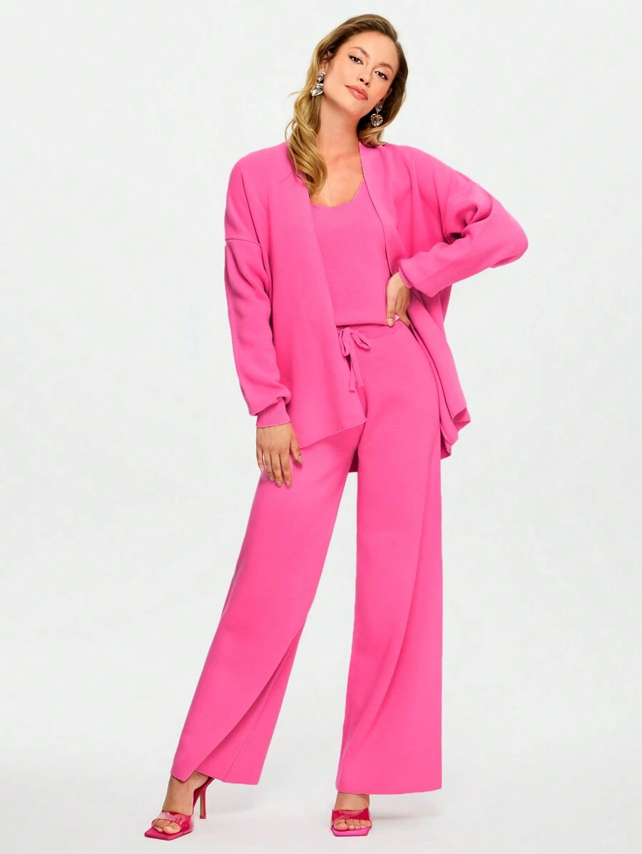 RueChic Solid Cami Knit Top & Drawstring Waist Knit Pants & Cardigan - Pink - View 1