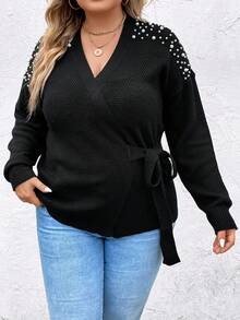 SHEIN Clasi Hơn Ngọc trai đính cườm Thả vai Thắt lưng Áo len Mở - màu đen - Xem 3