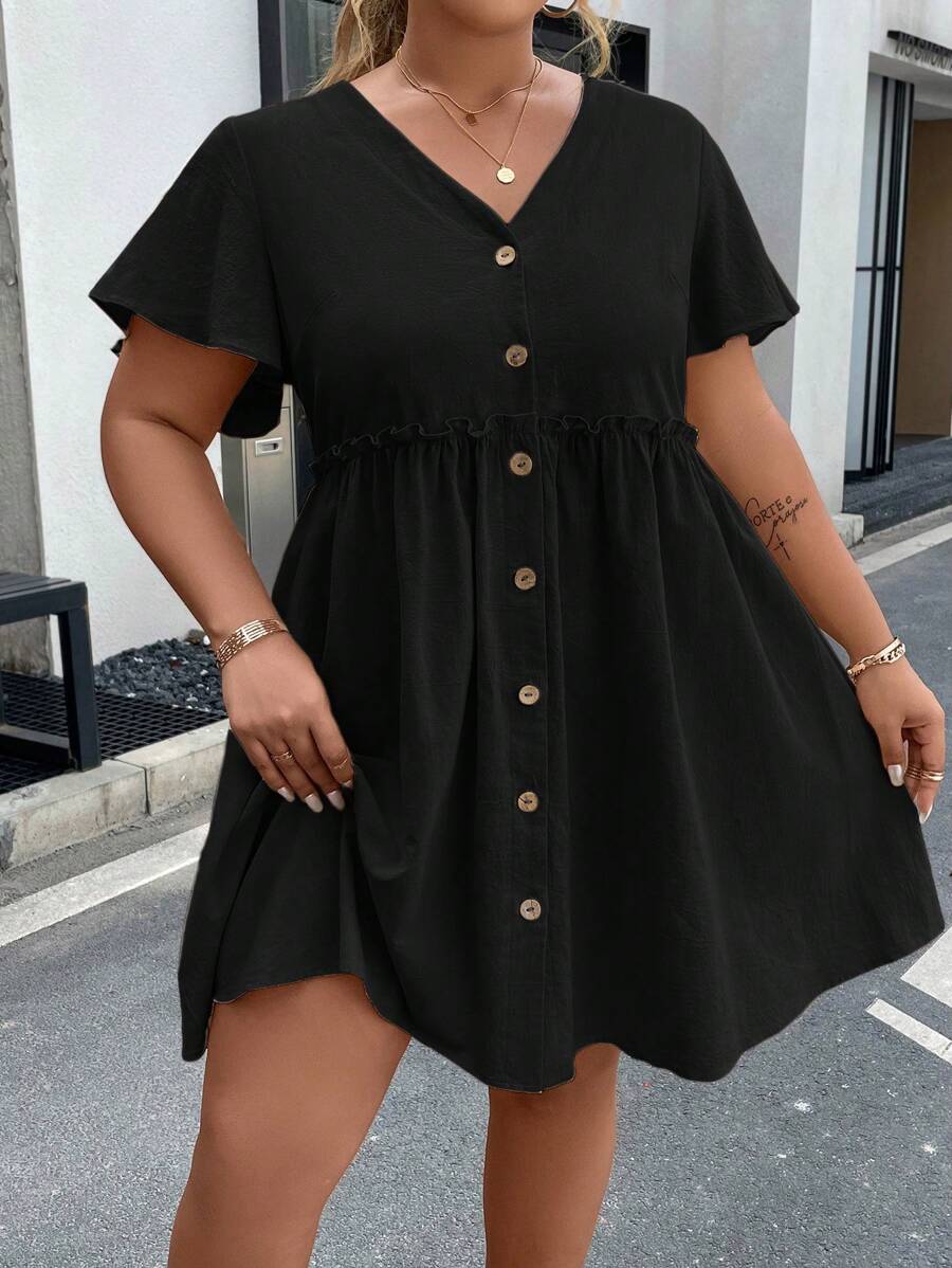 Vionelle Plus Button Front Frill Trim Dress - Black - View 1