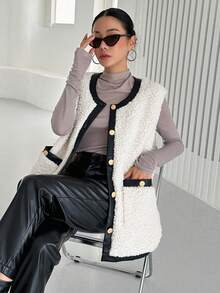 DAZY Tương phản ràng buộc Nút phía trước Teddy Áo vest - trắng - Xem 4