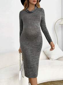 SHEIN 孕婦堆堆領雜色針織緊身洋裝 - 深灰色 - 查看 1