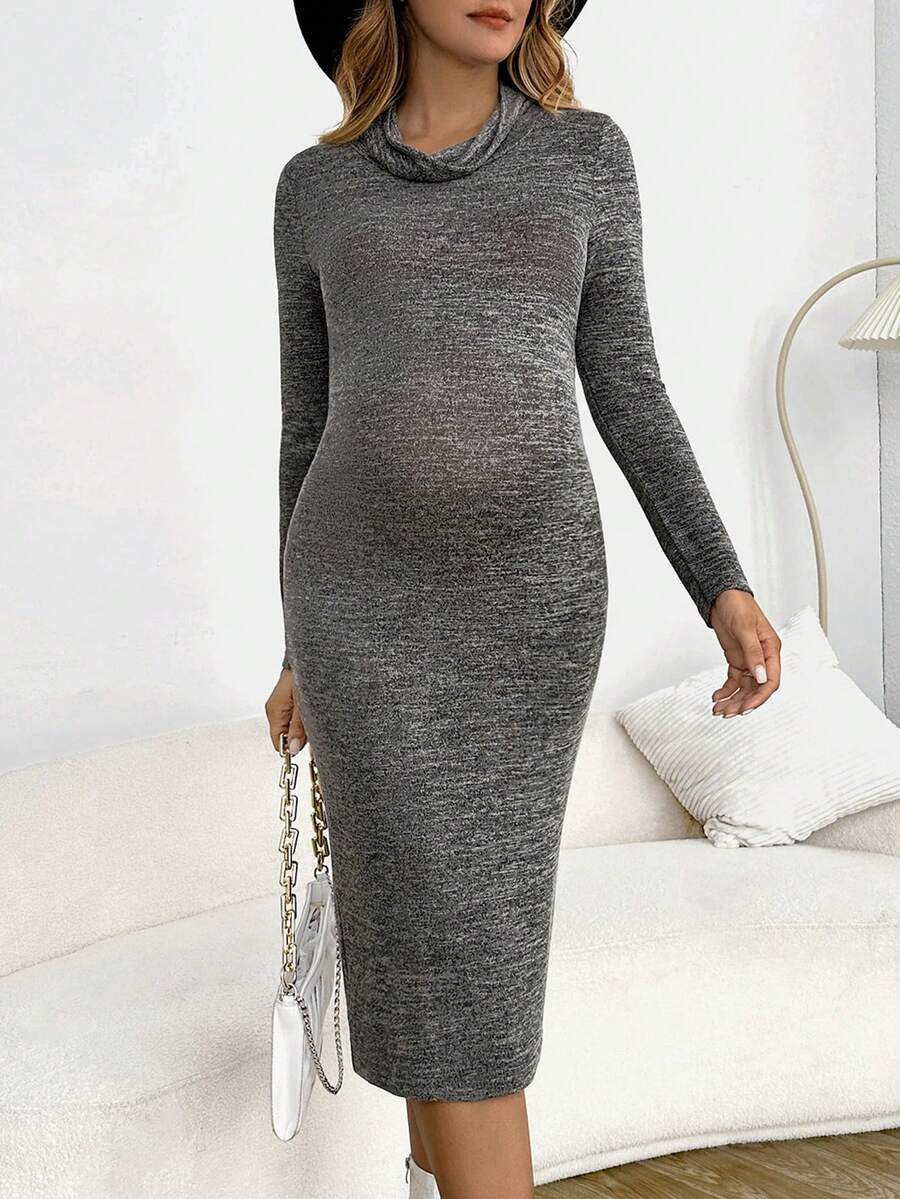 SHEIN 孕婦堆堆領雜色針織緊身洋裝 - 深灰色 - 查看 1
