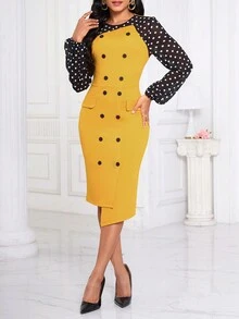 SHEIN Lady 波點圖案雙排釦不對稱下擺洋裝 - 彩色 - 查看 4