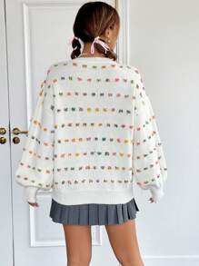 SHEIN EZwear 滿版刺繡圖案落肩袖套頭毛衣 - 米色 - 查看 2