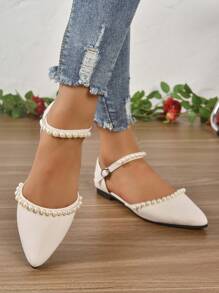2025 Autumn Women Pointed Toe Flat Sandals, Pearl Decor Buckle Design Hollow-Out Slip-On Sandals, All Season - White - View 2