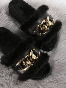 女性輕便金屬鏈拖鞋,青年秋冬拖鞋 - 黑色 - 查看 6