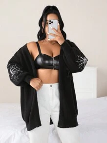 Flirla Plus Size Women's Casual Loose Mid-Length Sweater, Halloween Spider Embroidery Design, Lantern Sleeve, Solid Color Cardigan Fall Winter Cloth For Women Autumn