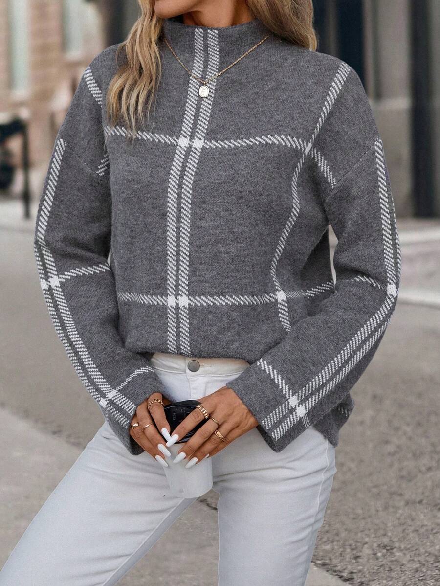 SHEIN Clasi 格紋圖案小高領落肩袖套頭毛衣 - 灰色 - 查看 1