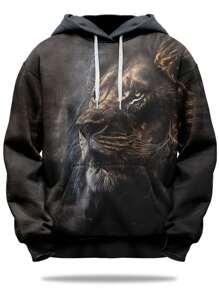 Manfinity LEGND Men Plus 3D Tiger Print Drawstring Hooded Sweatshirt - Black - View 1