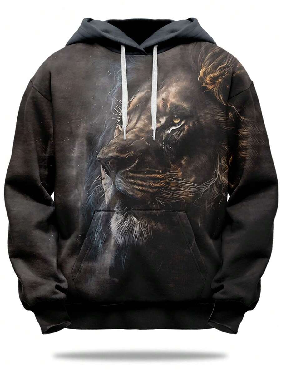 Manfinity LEGND Men Plus 3D Tiger Print Drawstring Hooded Sweatshirt - Black - View 1