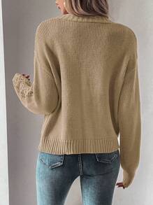 SHEIN LUNE Dệt kim chấm bi Thả vai Áo len Mở - Màu Khaki - Xem 2