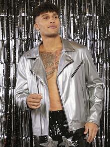 FeverCity 男士素色拉鏈開襟機車夾克 - 銀色 - 查看 1