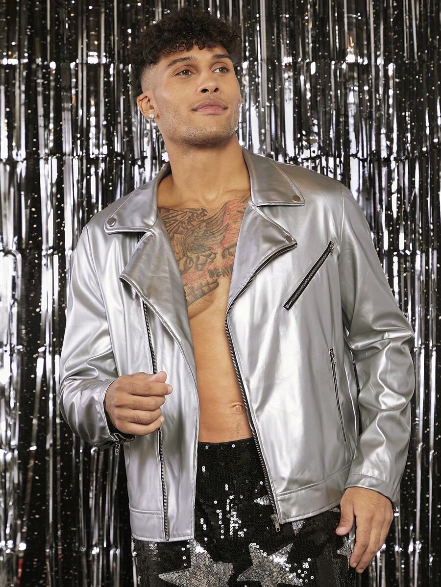 FeverCity 男士素色拉鏈開襟機車夾克 - 銀色 - 查看 1