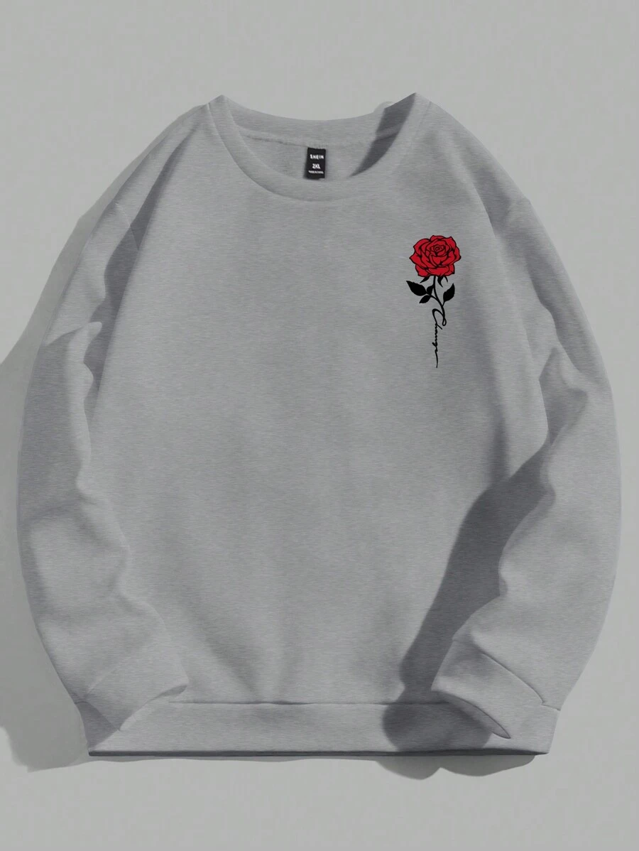 EURMUSE Men Floral Print Thermal Lined Sweatshirt Streetwear - Grey - View 1