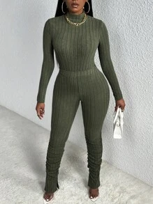 Slaydiva Slayr 休闲家居服高领长袖短款 T 恤和罗纹阔腿裤套装，橄榄绿 - 軍綠色 - 查看 4