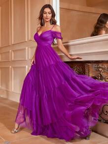 Faeriesty Vestido de noche formal para mujer con delicados tirantes finos, falda de tul en capas y silueta ajustada al Body. Perfecto para banquetes de boda, galas benéficas, cenas corporativas, ceremonias de premios y fiestas de lujo.