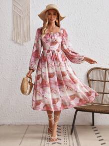 SHEIN VCAY Allover Print Square Neck Lantern Sleeve Ruched Bust Dress