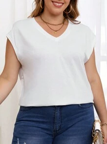 SHEIN Franclia Plus Solid V Neck Batwing Sleeve Tee - White - View 3