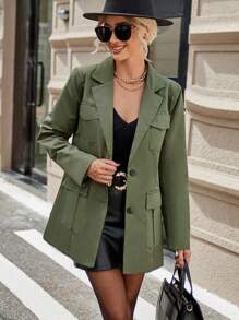 SHEIN Essnce Flap Pocket Single Breasted Blazer Without Belt - Army Green - View 6