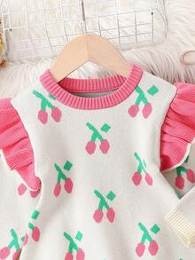 女嬰櫻桃圖案荷葉邊毛衣洋裝