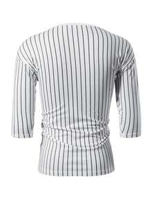 Men Striped Print Half Button Tee - White - View 2
