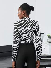 BizChic In hoa văn ngựa vằn Nút ven Áo sơ mi Crop - Nhiều màu - Xem 2