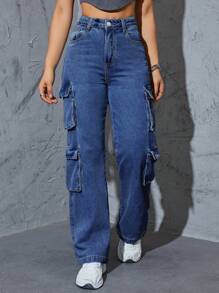 Flap Pocket Side Cargo Jeans - Medium Wash - View 5