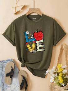 SHEIN Essnce 蘋果和字母圖案T恤 - 軍綠色 - 查看 1