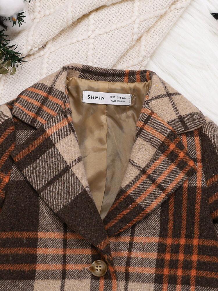 Baby Girl Plaid Print Lapel Neck Coat & Pleated Hem Skirt Without Sweater