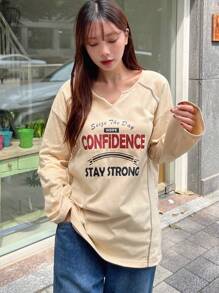 DAZY Letter Graphic Notched Neck Drop Shoulder Tee Long Sleeve Women Tops - Apricot - View 1