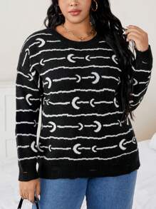 SHEIN Clasi Plus Moon Pattern Drop Shoulder Sweater Knit Pullover Fall Winter Sweater - Black - View 6