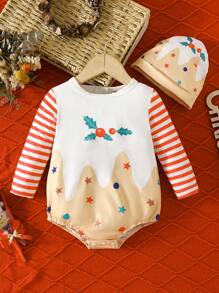 SHEIN Baby Girl Striped & Christmas Print Bodysuit & Hat - Multicolor - View 1